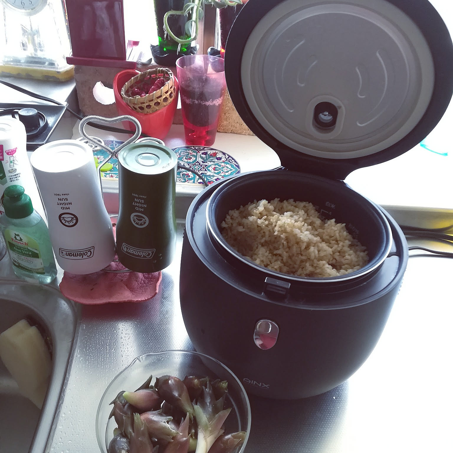 A compact white rice cooker used on a timer for brown rice in a Japanese home kitchen.