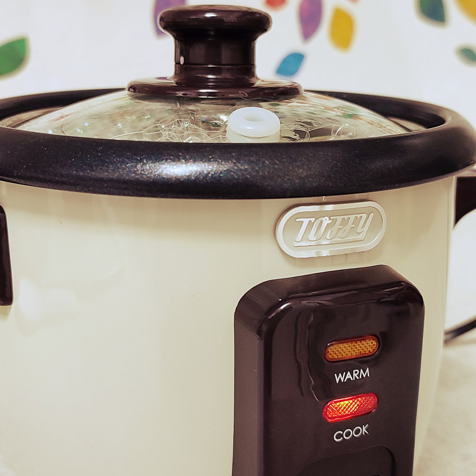 A cream Toffy mini rice cooker shown close-up with warm and cook lights on.