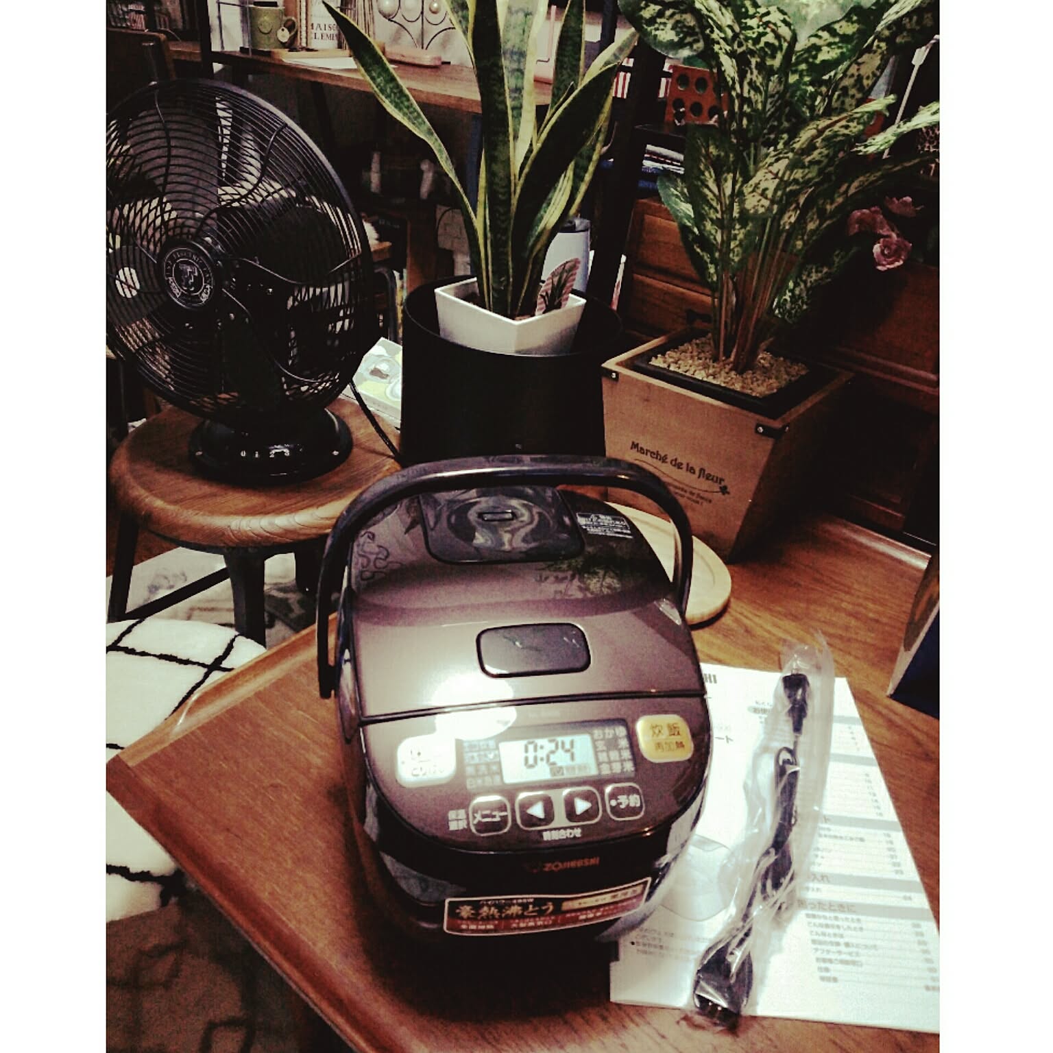 A brown compact Zojirushi 3-cup rice cooker shown close-up beside its box.