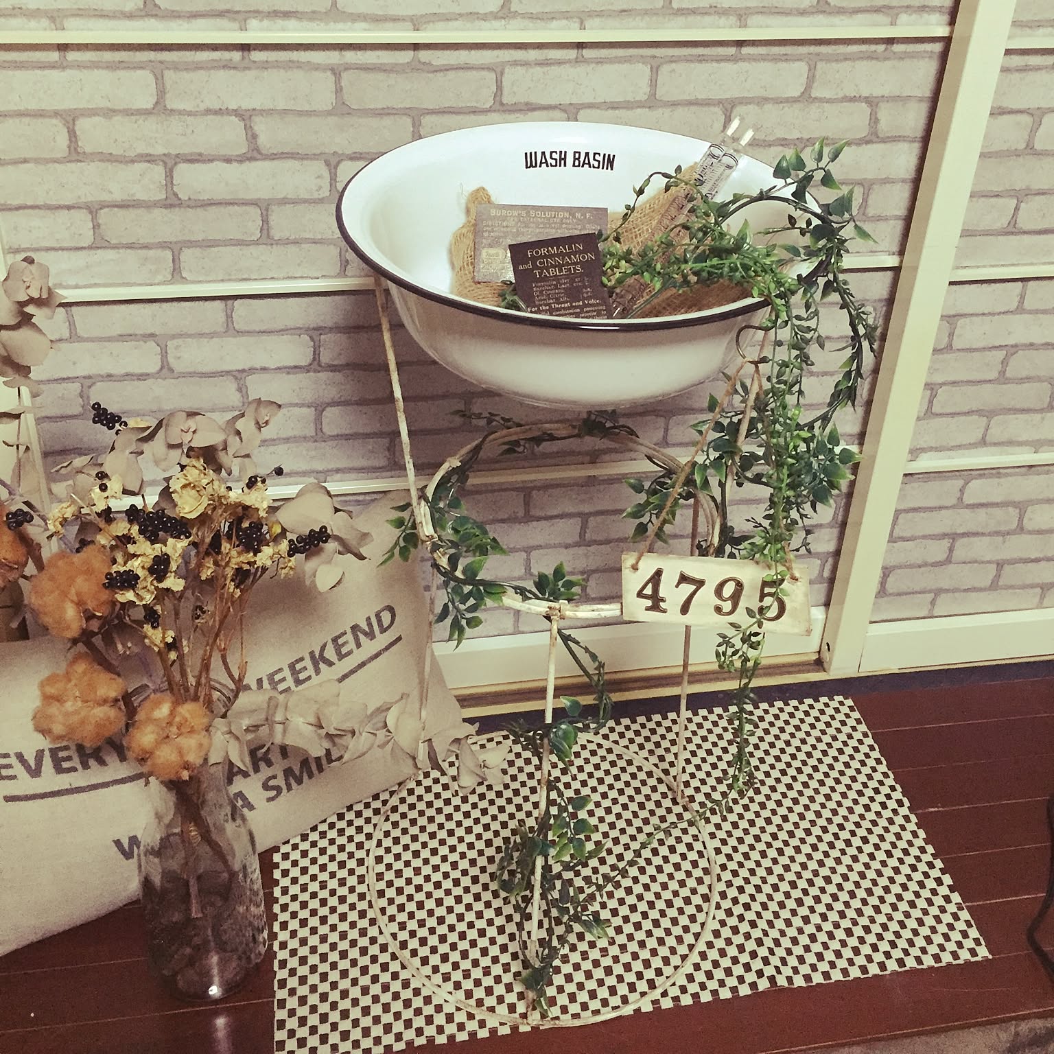 ヴィンテージ ホーロー ベイスン シンク 花柄 洗面台 琺瑯 流し 手洗い