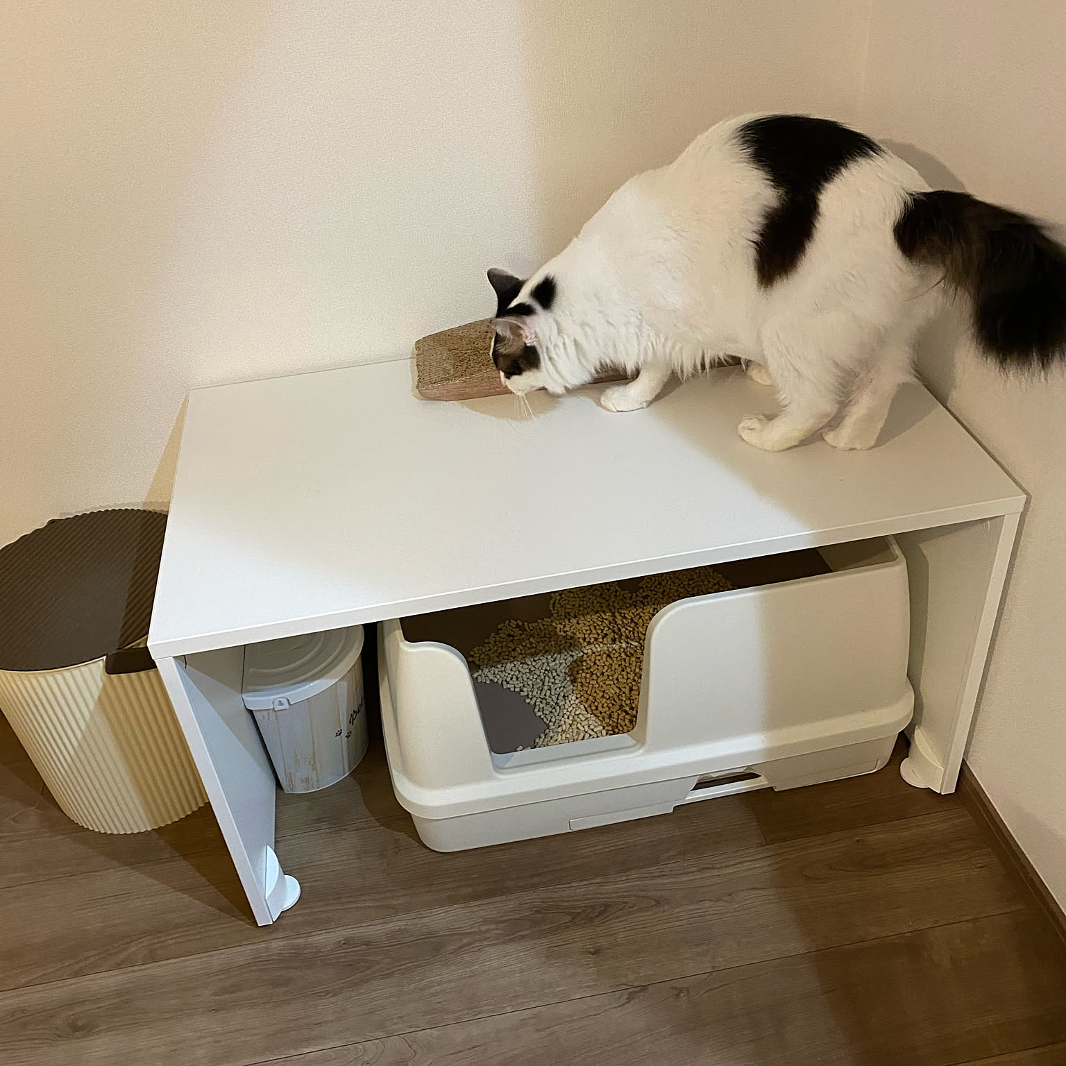 デオトイレ快適ワイドにぴったりな猫トイレカバー　ストッカー付き　(無塗装) デオトイレ快適ワイドにぴったりな猫トイレカバーストッカー付き
