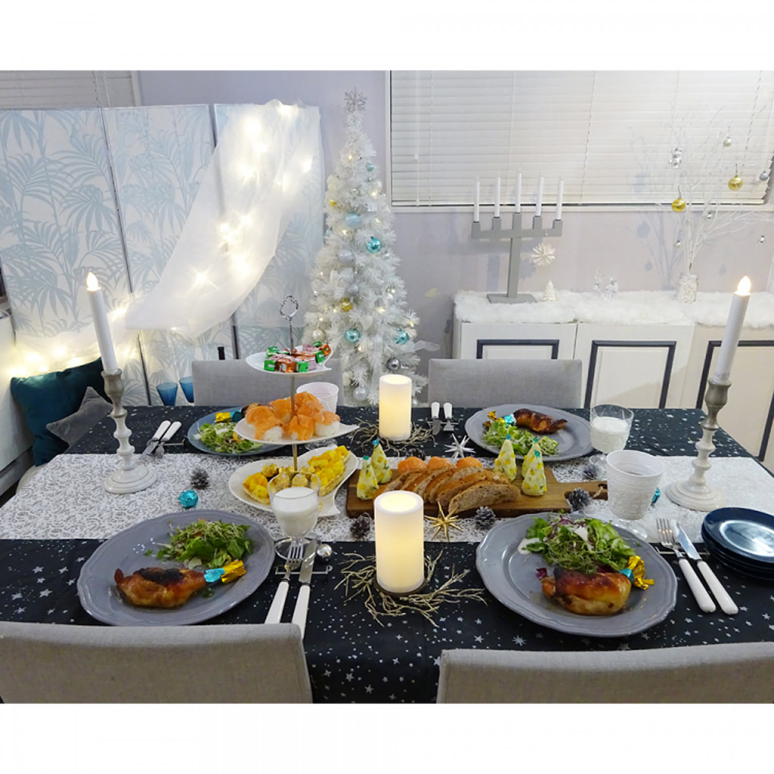 テーブルクロス/グレー×ネイビー/パーティー/テーブルコーディネート