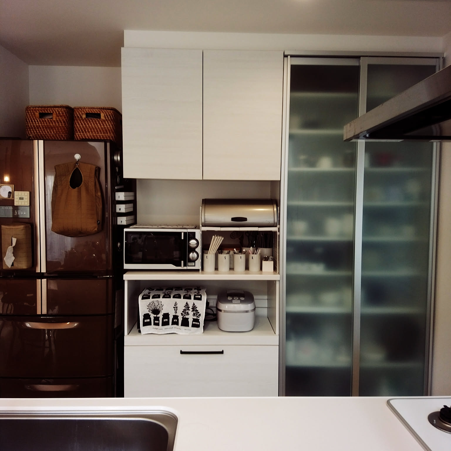 A Tiger rice cooker stored on the lower shelf of a compact kitchen appliance zone.