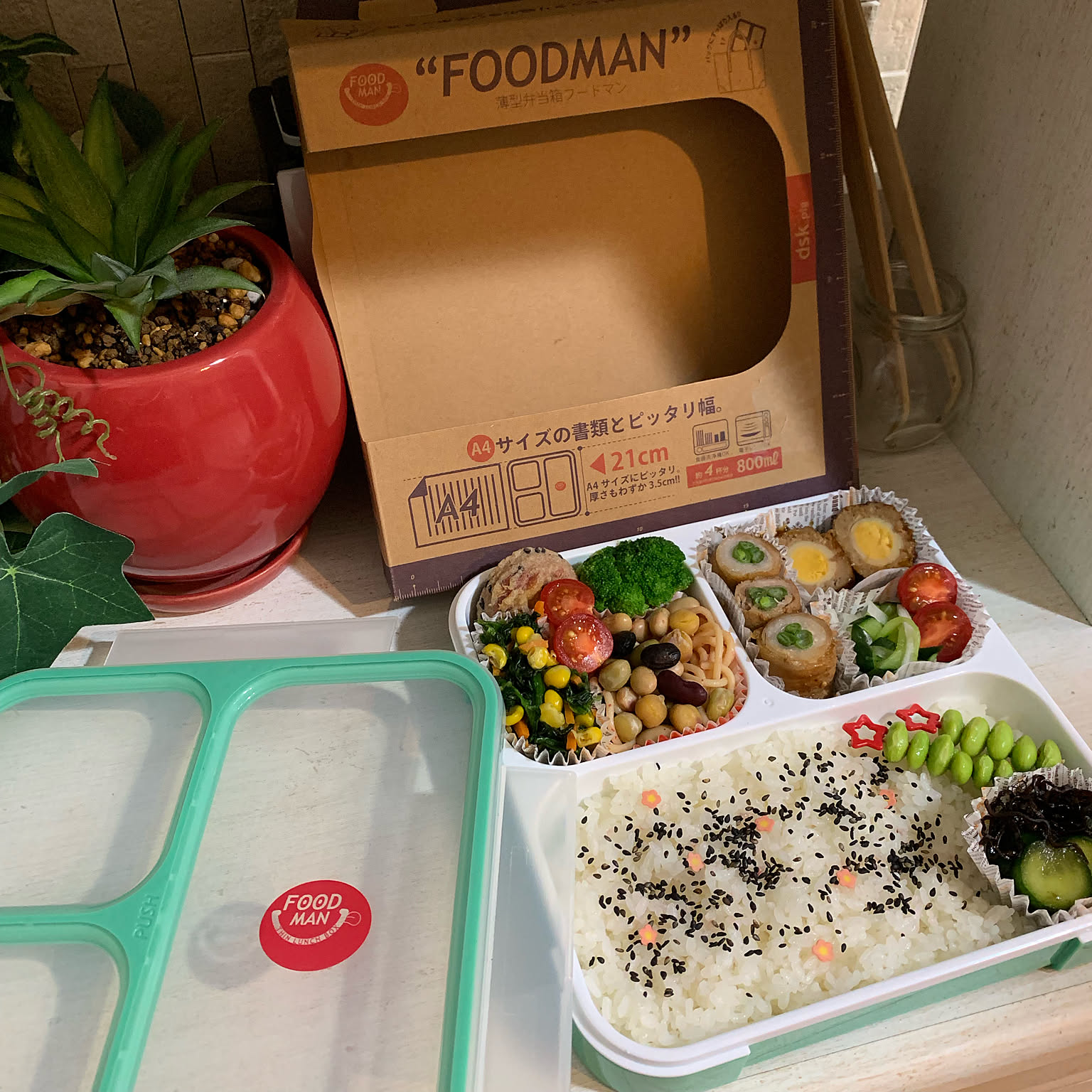 Open 800ml FOODMAN bento box packed with rice, vegetables, beans, eggs, and meat beside its lid and product box.