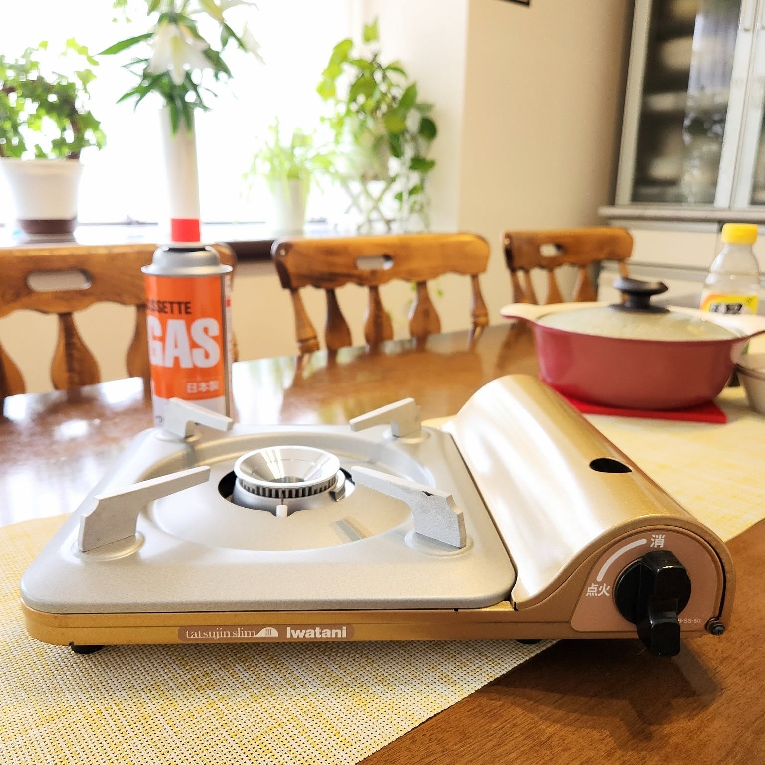A slim Iwatani cassette stove on a dining table with a gas canister nearby.