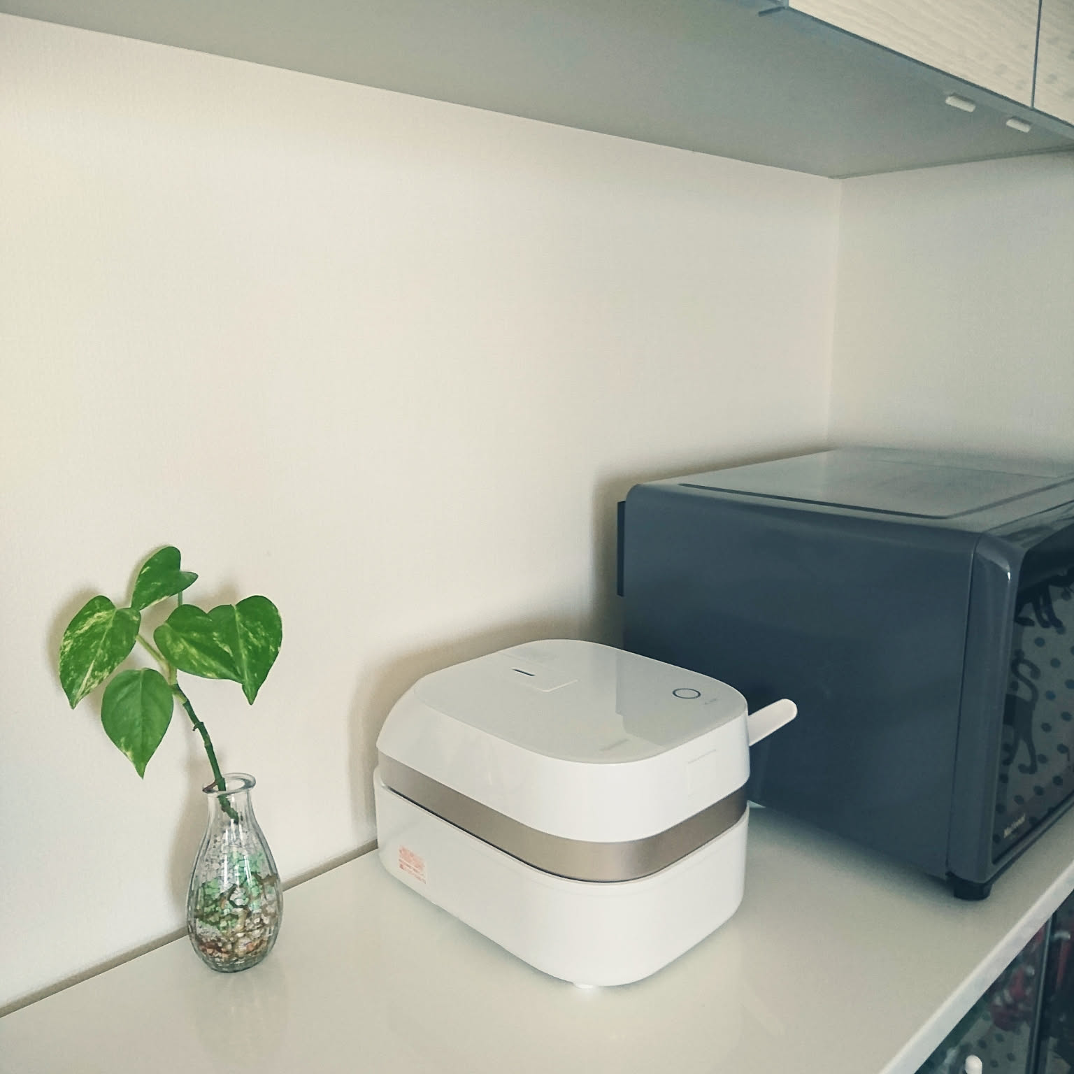 A compact white Toshiba rice cooker placed on a clean kitchen counter beside a microwave.