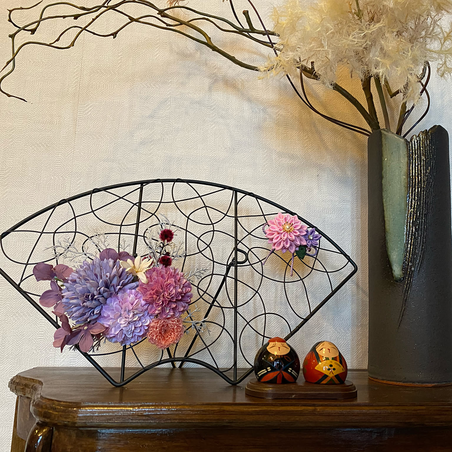 アイアン雑貨/小さな小さなお雛様/お気に入りの花瓶/扇アレンジ/つまみ