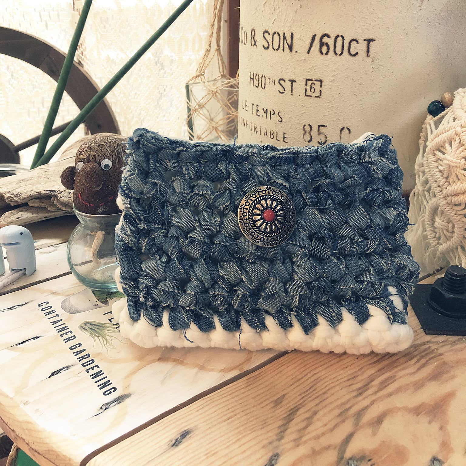 ハンドメイド】グレーTシャツヤーンDIYかぎ編み リングハンドル