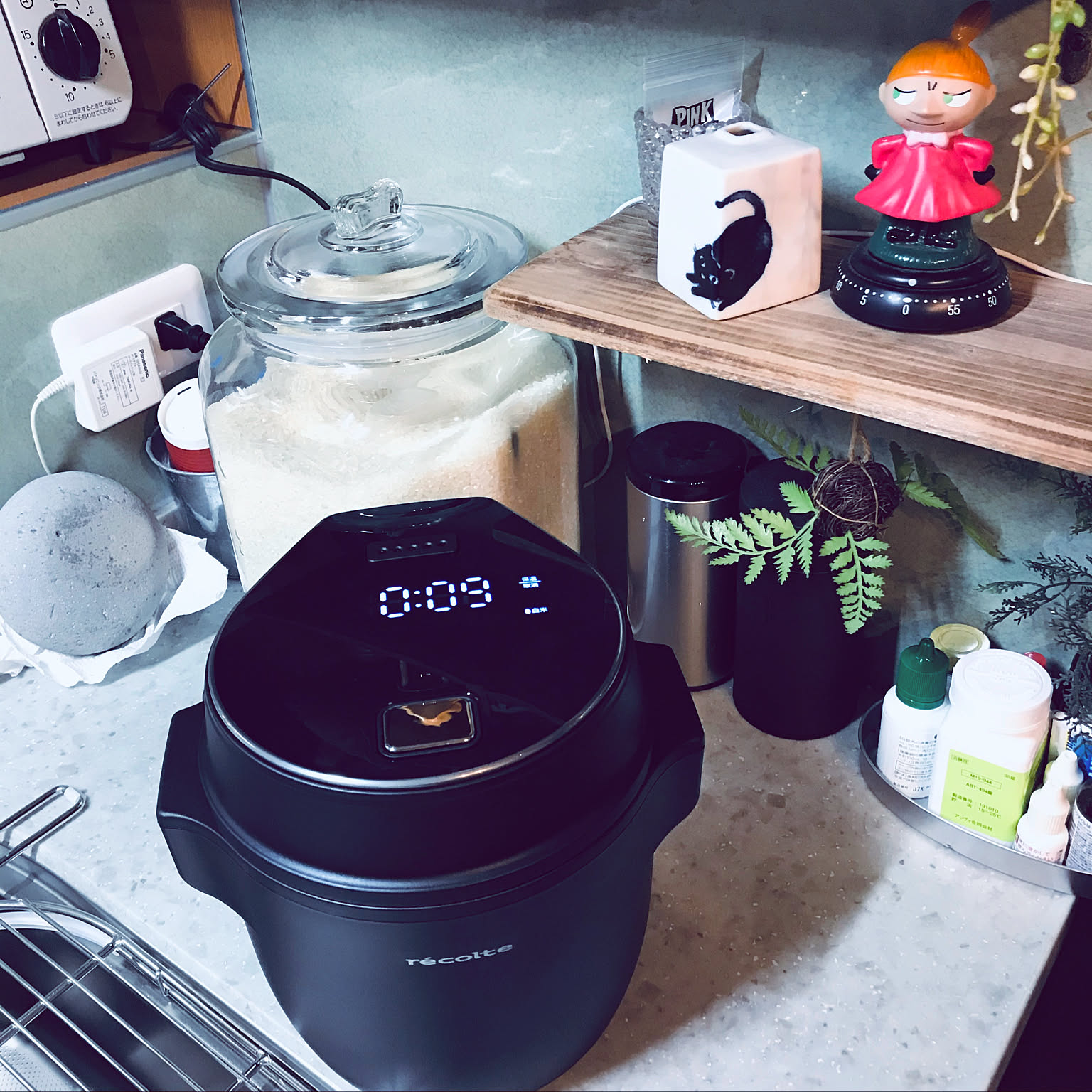 A small white rice cooker placed next to a glass rice container on a kitchen shelf.