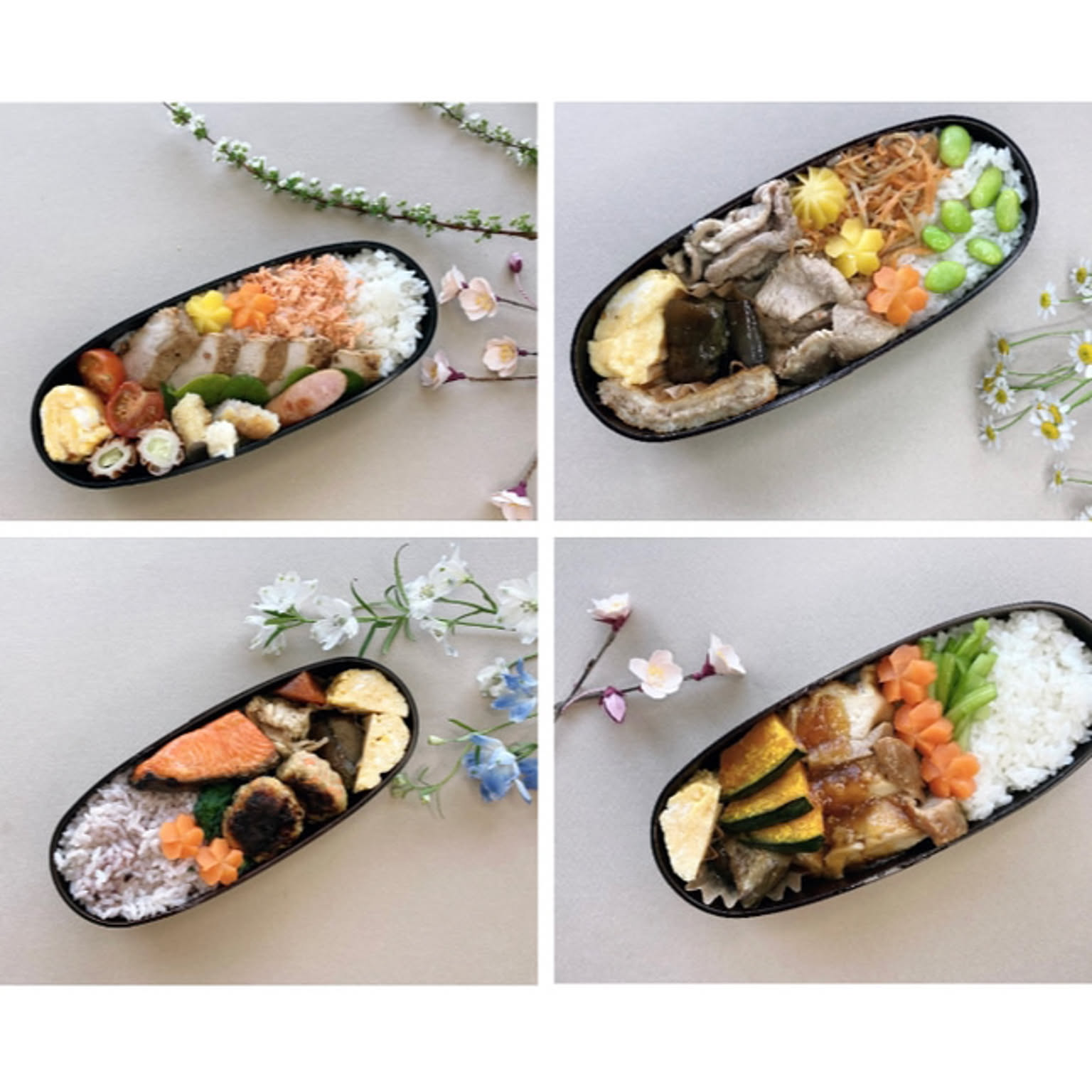 Four packed oval bento lunches with rice, vegetables, eggs, fish, and meat.