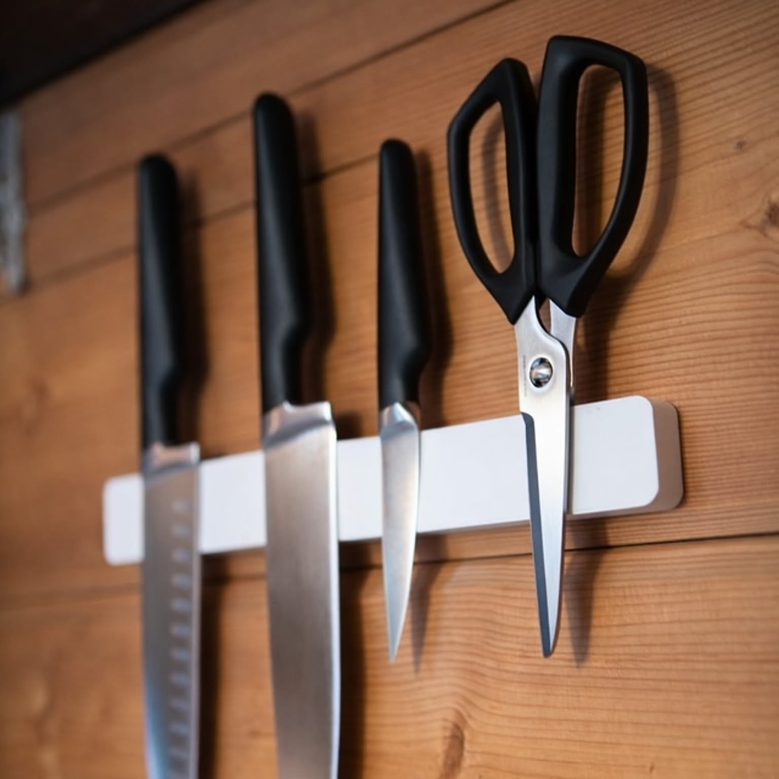 Kitchen knives and scissors stored on a magnetic wall-mounted knife holder.