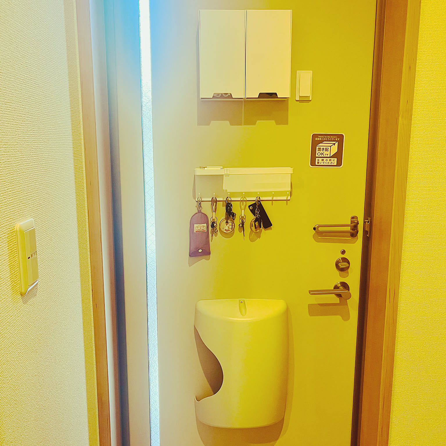 A rental apartment entry door using magnetic storage for masks, keys, and umbrellas without drilling into the wall.