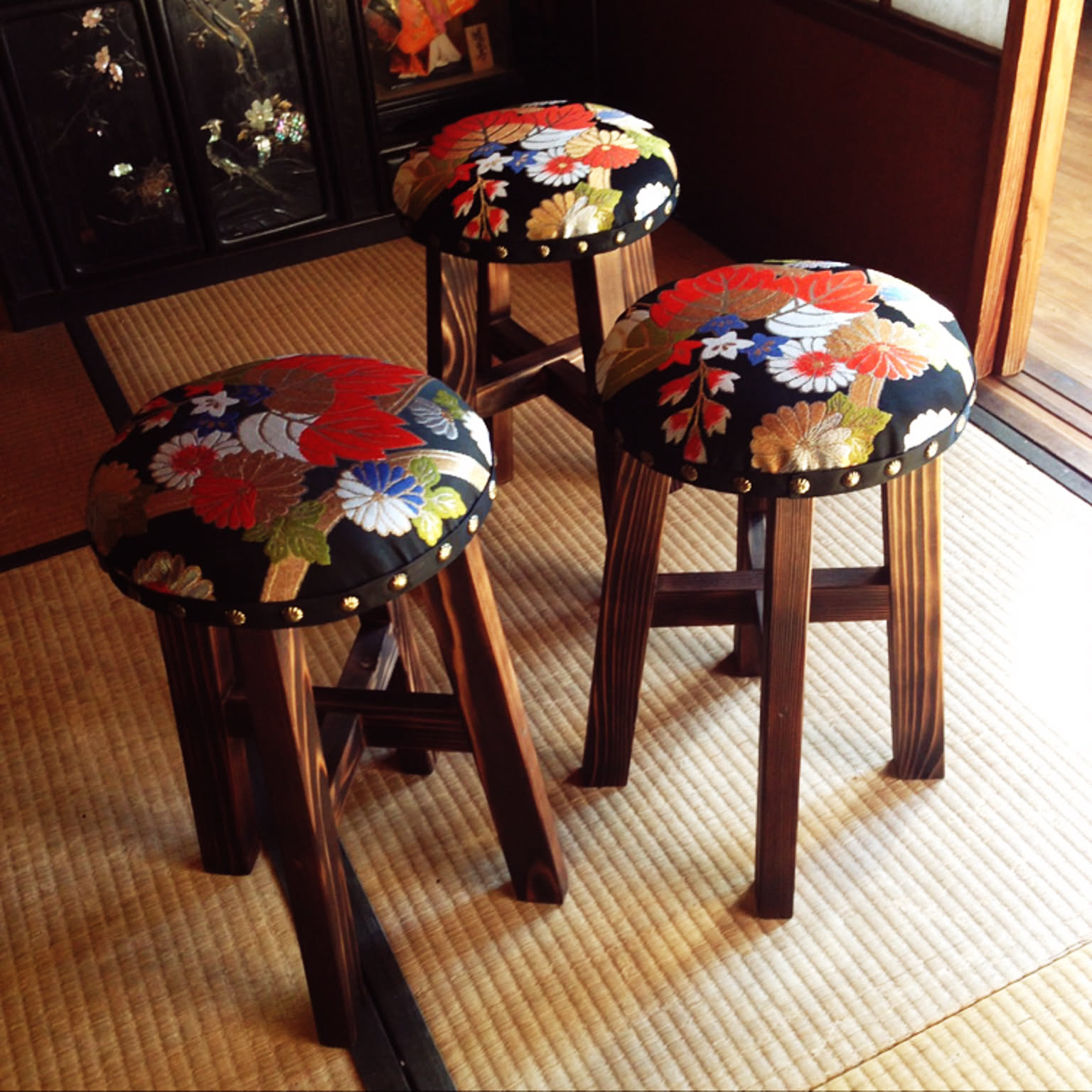 ハンドメイド 浴衣 リメイク 和室 青色椅子③ ハンドメイド 浴衣