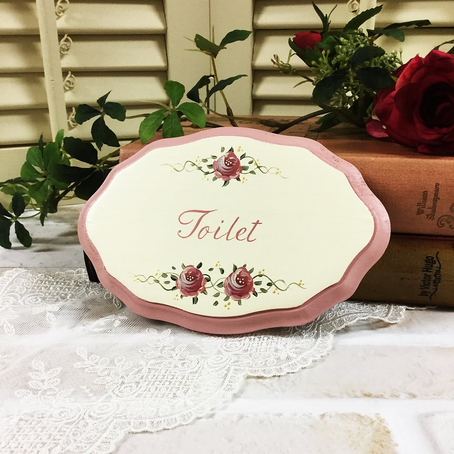 トールペイント作品薔薇の壁飾り トールペイント作品☆バラ雑貨☆ウェルカムプレート☆壁飾り
