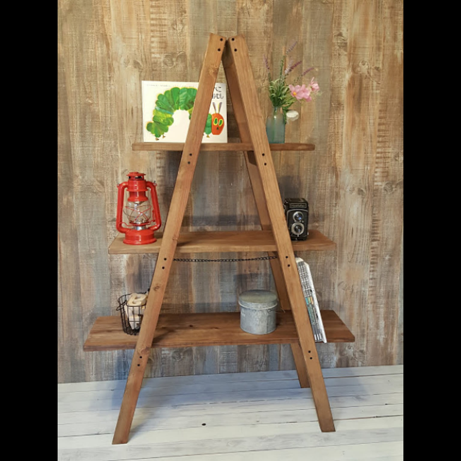 アンティーク脚立＋板2枚　GALLUP 古材　個性的な棚 楽天市場】OLD ASHIBA（足場板古材）格子ラック300型奥行280mm