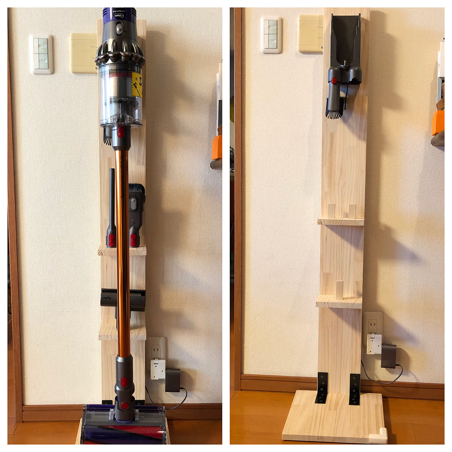 ダイソン V8 Fluffy+ SV10 dyson 掃除機　スタンド　自作 DIY] 破材でダイソンコードレスクリーナーのスタンドを作って
