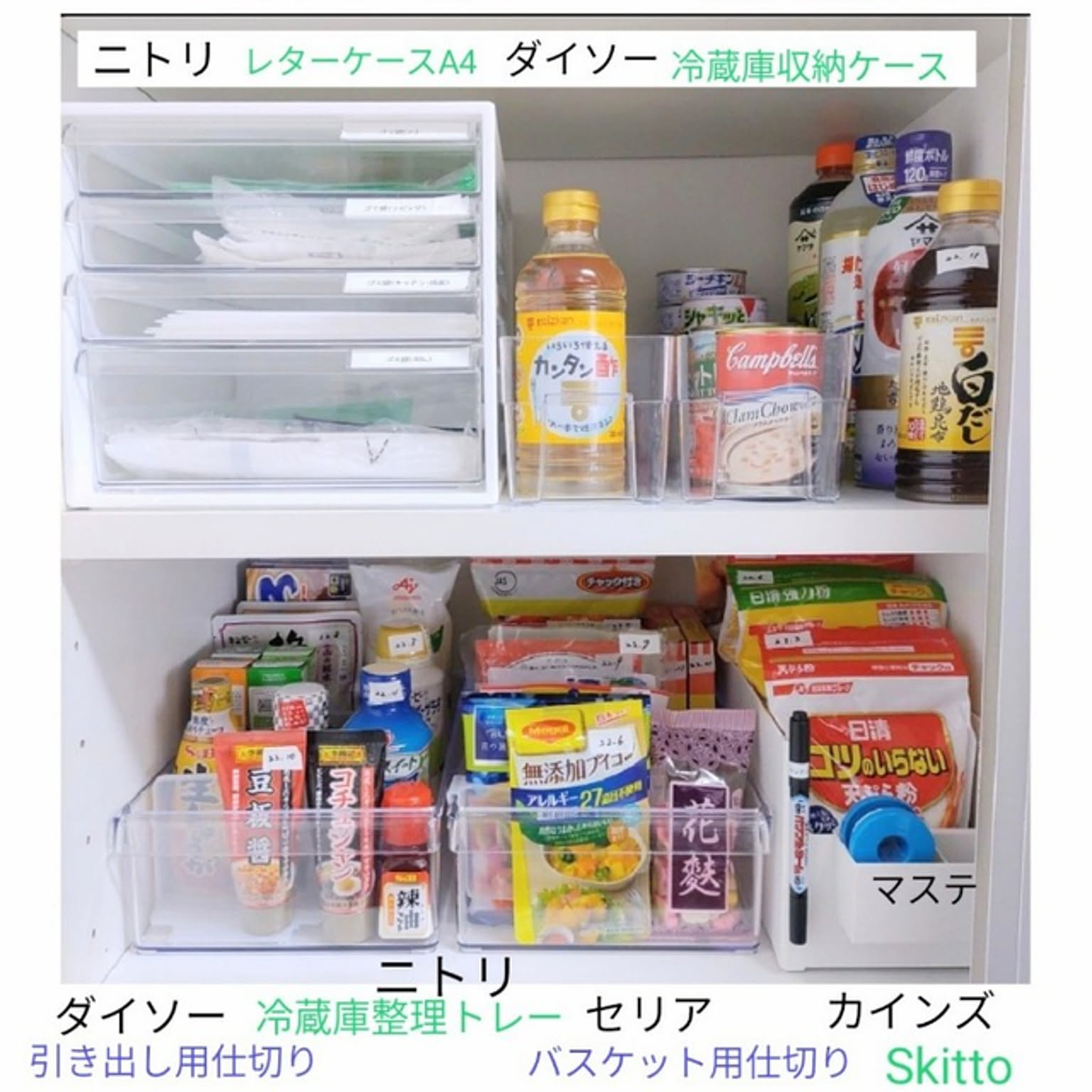 A kitchen shelf with unopened food, bottles, cans, packets, dividers, and small date labels for stock rotation.