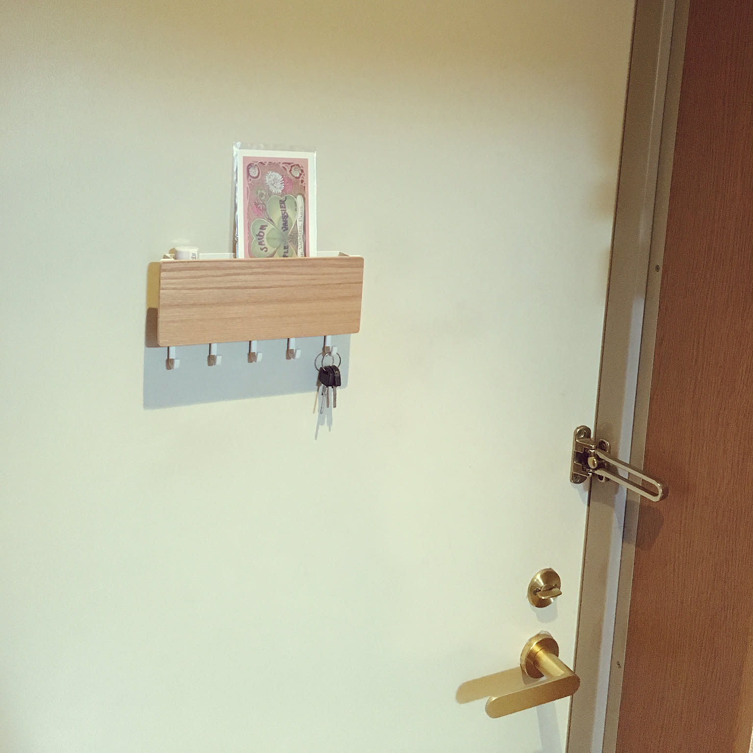 A magnetic key hook and small pocket mounted on an apartment entry door.
