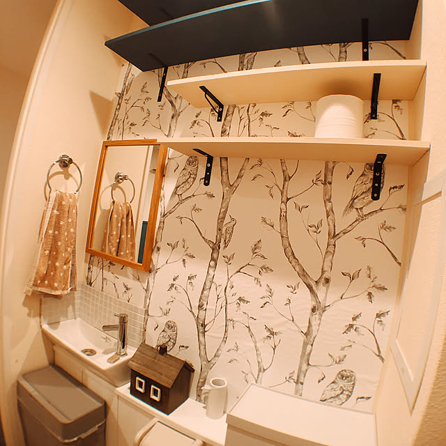 棚板DIY/トイレットペーパー置き場/フクロウ壁紙/鏡/無印良品...などのインテリア実例 - 2021-01-23 15:41:16