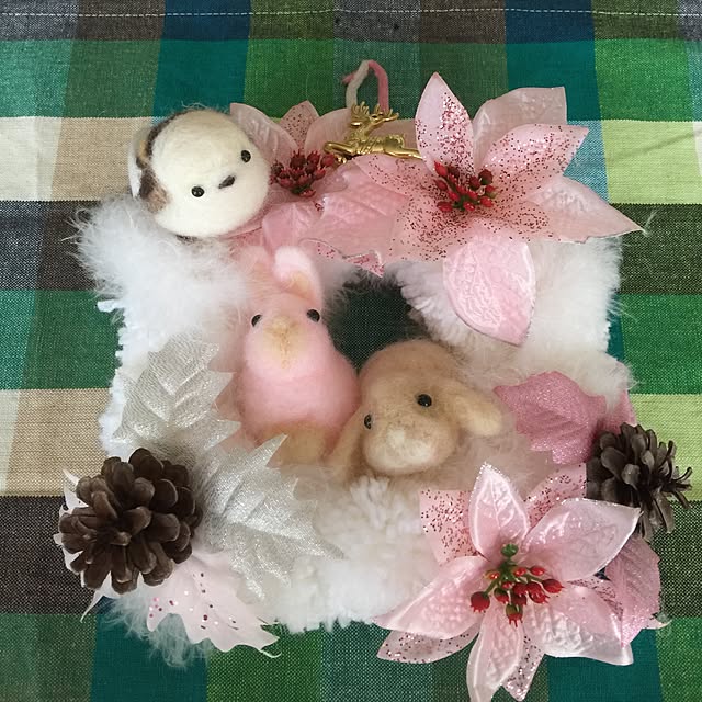 ♡リース♡ リボン 羊毛フェルト もこもこ うさぎ 冬 一点物