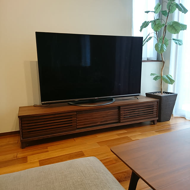 hanahomeの-5%還元クーポン★コンセント付で便利！テレビボード テレビ台 TV台 TVボード TV収納 TVラック ロータイプ ローボード 完成品 脚付 フラップ扉 引き出し付 ガラス扉 オーク材 ウォールナット材 アッシュ材 ルーバー 格子 ルンバ お掃除ロボット お掃除が楽 掃除機の家具・インテリア写真