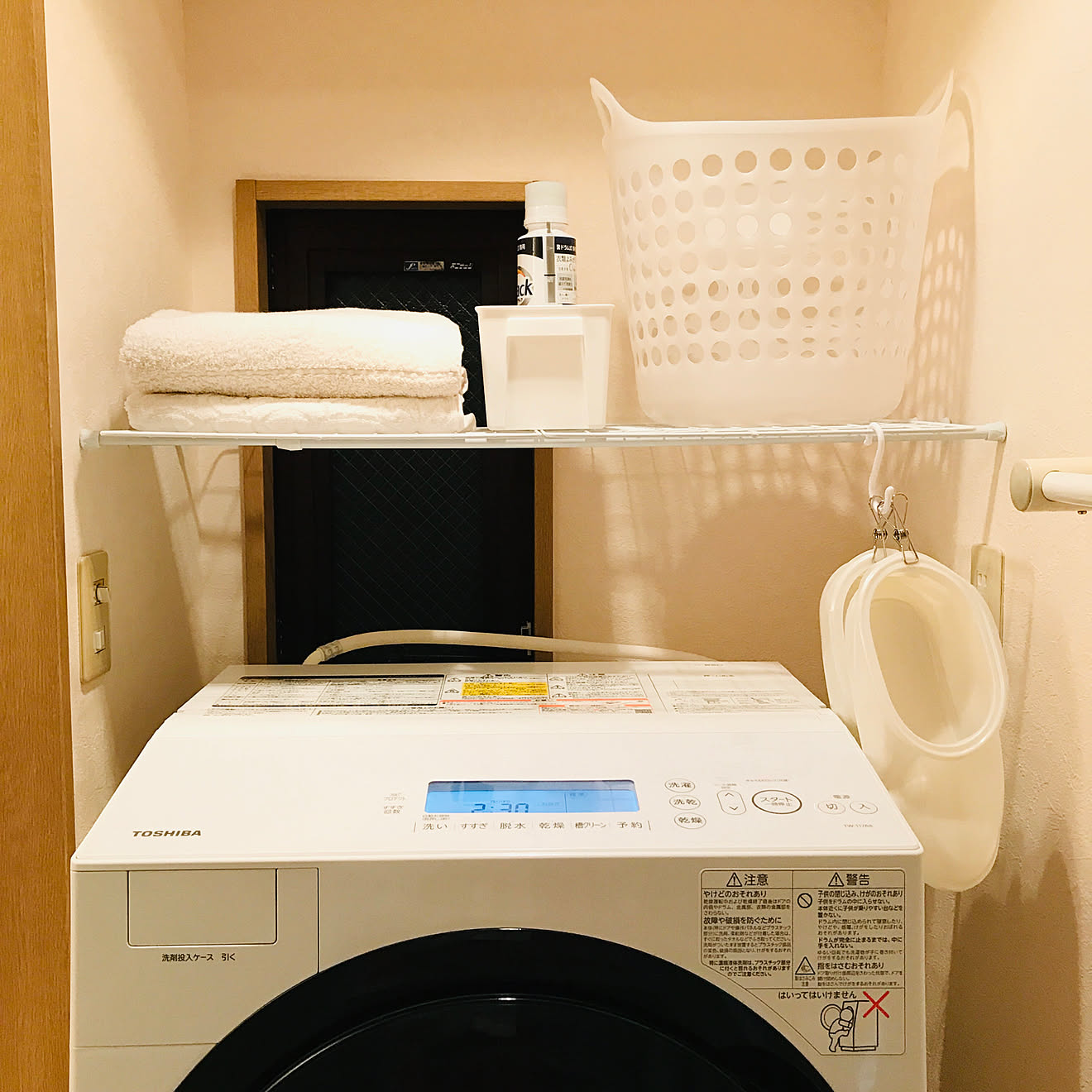 TOSHIBA洗濯機/洗濯機の上/洗濯機まわりの収納/ランドリーラック DIY/ランドリーラック&hellip;などのインテリア実例 202001