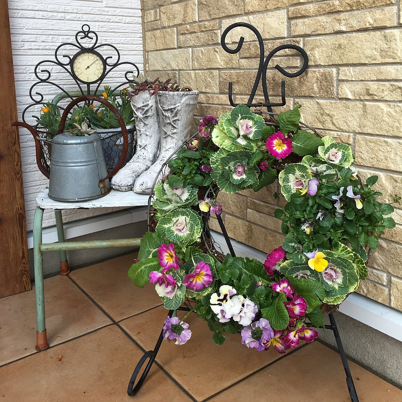 玄関/入り口/加工なし/編み編みブーツ型植木鉢/寄せ植えリース/お正月用&hellip;などのインテリア実例 20151222 135402