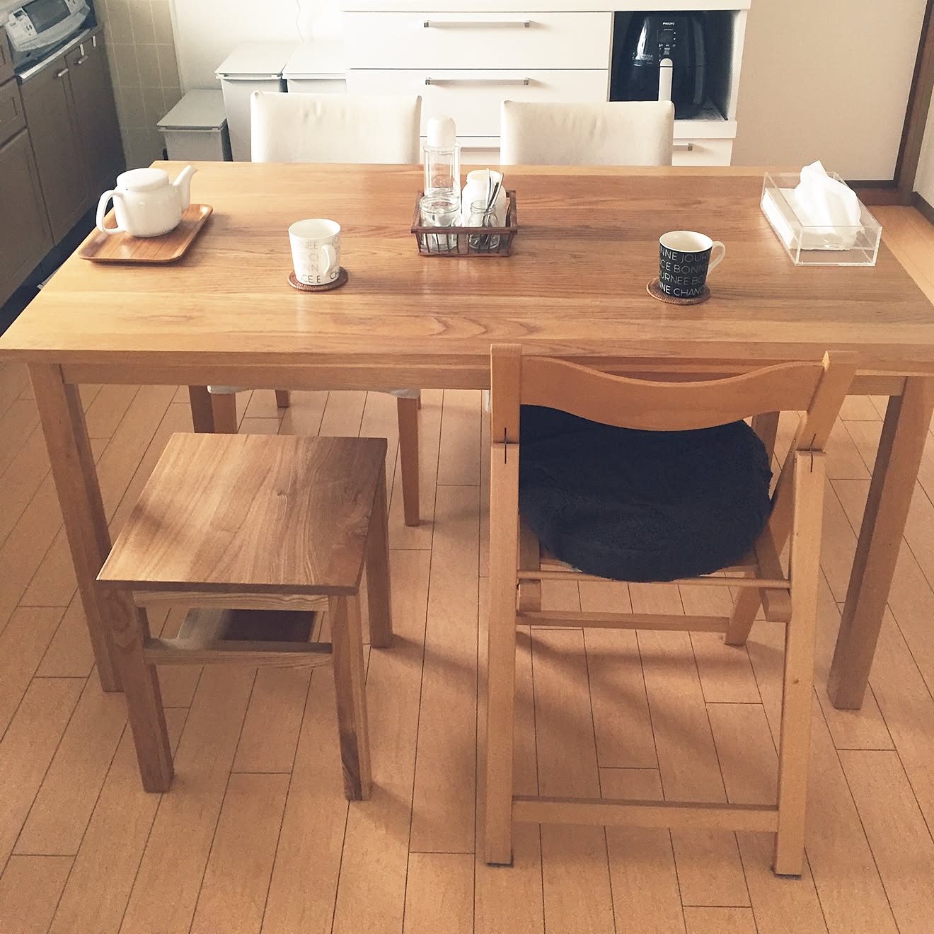 キッチン/無垢材テーブル/無垢材サイドテーブルベンチ・板座/オーク材テーブル/無印良品&hellip;などのインテリア実例 20160508