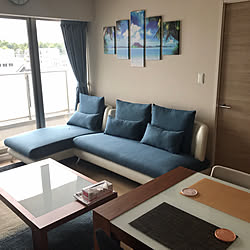 気持ち落下防止クッション ネイビー グレー ソファーカバーを変えました ゴムの木 アルモニアのカウチソファー などのインテリア実例 01 08 00 28 12 Roomclip ルームクリップ