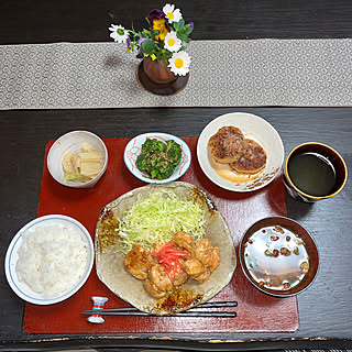 なめこ汁インスタント/長芋の麺つゆ炒め/ブロッコリーの胡麻和え/白ネギのヌタ/鶏の照り焼き...などのインテリア実例 - 2023-03-14 20:52:29