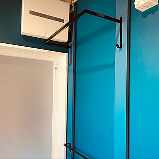 室内干しスペース/青い壁紙/ランドリーバー/扉DIY/バス/トイレのインテリア実例 - 2020-12-14 12:01:25