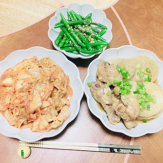 いんげんの胡麻和え/手羽元と大根の煮物/豚キムチチーズ/夜ごはん/キッチンのインテリア実例 - 2022-01-14 18:34:26