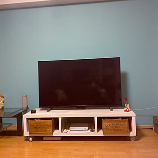 55型4K テレビ/テレビ周りの収納/カフェ風/ティファニーブルー/カフェ風インテリア...などのインテリア実例 - 2023-05-13 23:42:35