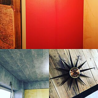 壁/天井/コンクリートの天井/赤い壁/サンバーストクロックのインテリア実例 - 2016-04-01 13:23:16
