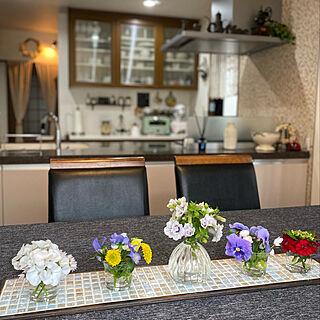 手作りシェルフ/アラジントースター/テーブルクロス/ガラスの花器/庭の花を飾る...などのインテリア実例 - 2022-05-17 11:38:58