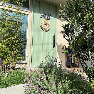 緑の玄関ドア/緑のある暮らし/カフェ風に憧れて/大きめリース/モスグリーンの玄関...などのインテリア実例 - 2021-04-21 07:54:44