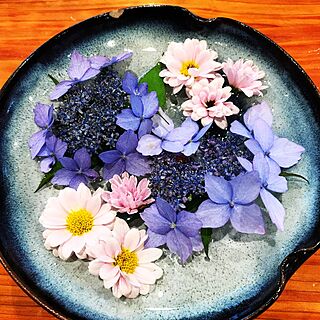 お皿に水を張り紫陽花を浮かべました☆*。/2017.05.22/お皿が欠けてますが！ご愛嬌.*･ﾟ/少しは涼みますかね〜(*´艸`)/ベッド周りのインテリア実例 - 2017-05-22 15:08:12