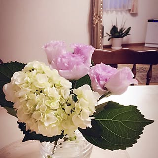 白い紫陽花/紫色のトルコキキョウ/トルコキキョウ/感謝致します(๓´˘`๓)♡/いつもいいねやコメありがとうございます♡...などのインテリア実例 - 2017-06-19 18:58:40