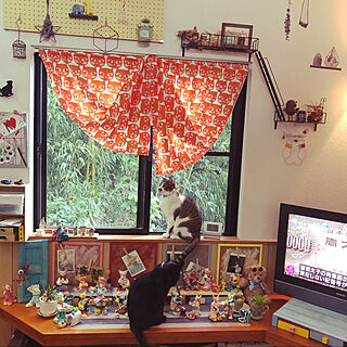 ファイヤーエスケープ/harumin さんのワイヤーアート/有孔ボードディスプレイ/IKEA猫柄カーテン/窓辺の猫...などのインテリア実例 - 2021-09-08 19:56:34