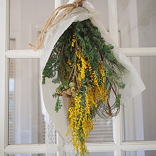 スワッグ手作り/ミモザのスワッグ/植物のある暮らし/花のある暮らし/イベント参加中...などのインテリア実例 - 2021-03-14 16:13:31