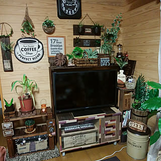 棚/夜のpic/コットンマットカフェ柄/フェイクグリーン/安い物でオシャレに***...などのインテリア実例 - 2018-09-04 21:29:20