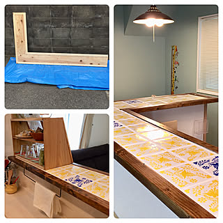 キッチン/カウンターDIY/キッチンカウンター/タイル貼り/セリアのタイル鍋敷き...などのインテリア実例 - 2018-05-08 11:14:59