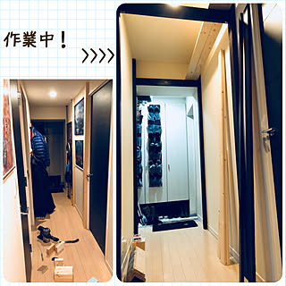 玄関/入り口/作業中/2018.1.8 ☀️☁️/190cm以上の方は頭上注意/2×4材でDIY...などのインテリア実例 - 2018-01-08 17:39:55
