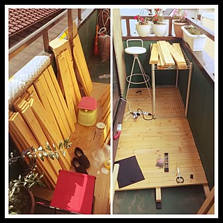 1×4材/ベランダウッドデッキDIY/狭いスペースを生かしたい/賃貸でも楽しく♪/花のある暮らし...などのインテリア実例 - 2017-03-16 12:41:20