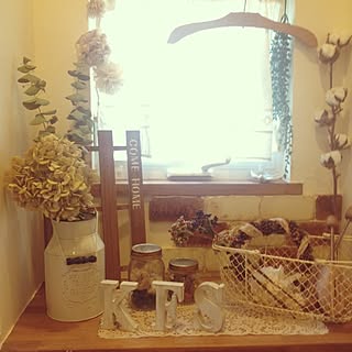 玄関/入り口/発泡スチロールのレンガ壁/紫陽花ドライ/ハンガー/コットンフラワー...などのインテリア実例 - 2014-03-05 21:56:11