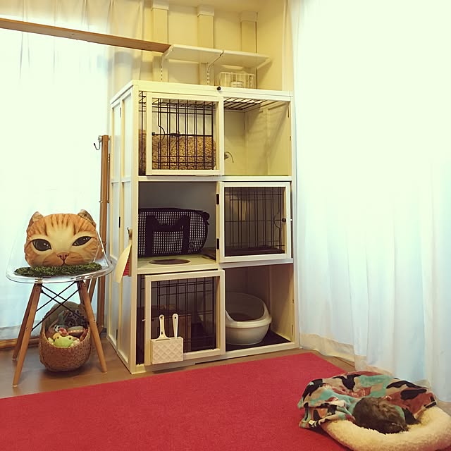 mikomaruの-猫/ケージ/ネコ/ゲージ/ペットキャットケージ 上下運動でストレス解消！木製おやすみキャットケージ3段　ホワイトの家具・インテリア写真