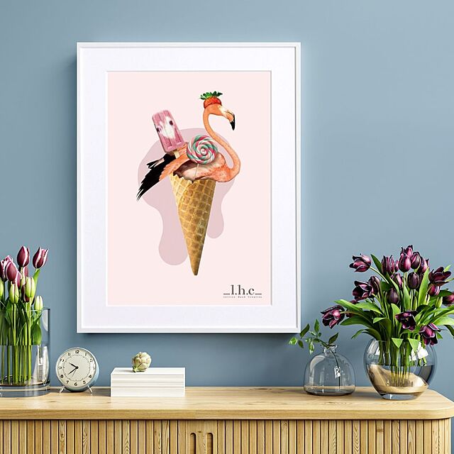 FancyArtのFancy Art-フラミンゴ アイスクリーム おしゃれコラージュ 現代アート（フレーム付き）- Leirion Hand Creationの家具・インテリア写真