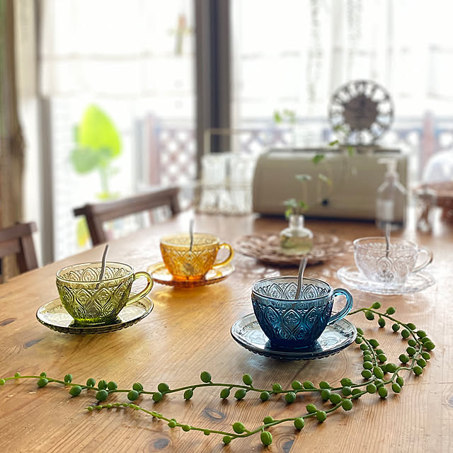 rieの-GLASS CUP & SAUCER ''FIORE'' BLUE ダルトン カップ＆ソーサー ガラス マグカップ ガラスマグ アンティークの家具・インテリア写真