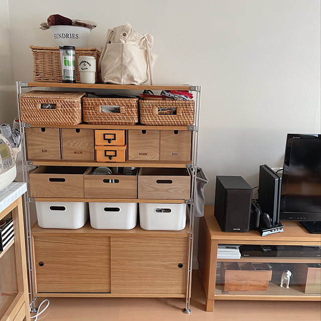 nicoの無印良品-スチールユニットシェルフ用・ボックス・木製引き戸・オーク材の家具・インテリア写真