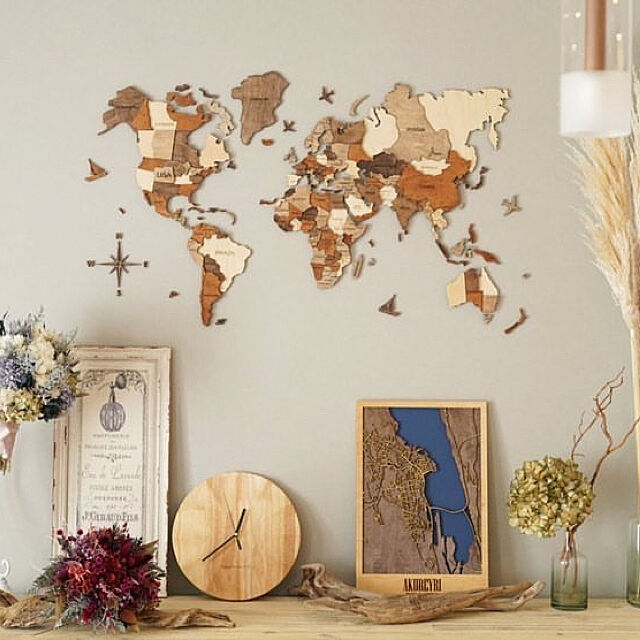 おトク情報がいっぱい！ 世界地図 インテリア おしゃれ 木製 壁掛け ナチュラルウッドカラー 3D Wood World Map ウォール 木 ウッド  アート ヨーロッパ 知育 アメリカ